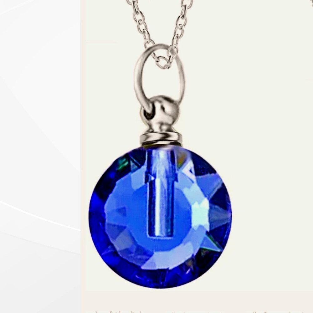 Beautiful Blue Crystal Round Shaped Mourning Stone CREMATION URN on 24" Chain